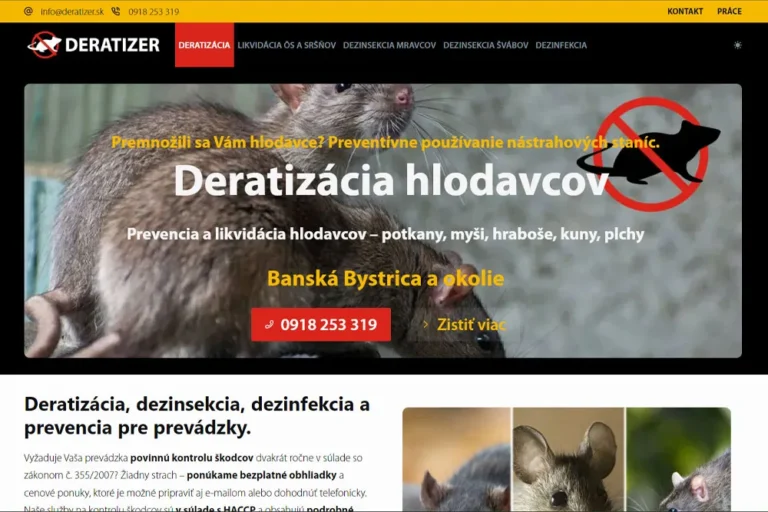 Deratizer.sk je vybavená rýchlou responzívnou témou od tých najlepších vývojárov. Jednoduchá One Page stránka obsahuje portfólio služieb a prezentáciu spoločnosti.