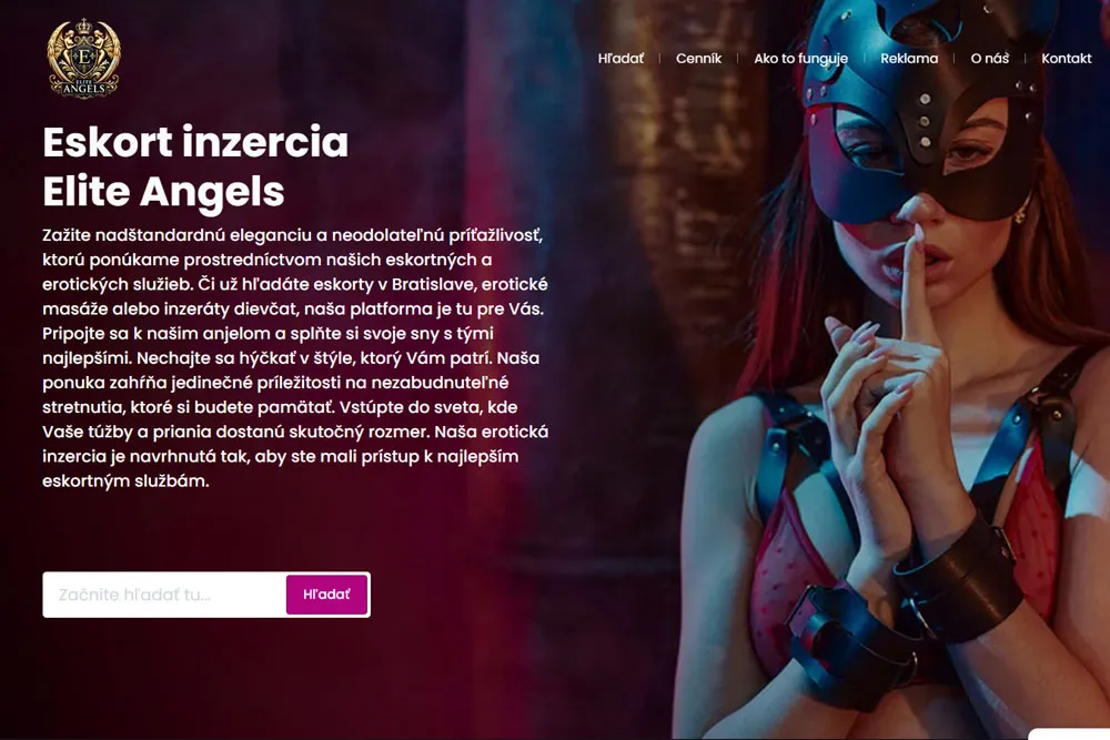 Eliteangels.sk - erotické inzeráty, inzeráty dievčat Web stránka Eliteangels obsahuje rýchlu, responzívnu tému vyvinutú špičkovými vývojármi. Webová stránka na mieru určená na inzerciu dievčat vytvorená vo WordPress. Stránka je plne zabezpečená proti útokom kvalitným firewallom. Optimalizácia obsahu bola implementovaná na zabezpečenie rýchleho načítania web stránky. Grafický aj textový obsah webstránky bol upravený a optimalizovaný. SEO optimalizácia, obsahový marketing a správny výber kľúčových slov pomôžu zlepšiť pozície webu vo výsledkoch vyhľadávačov.